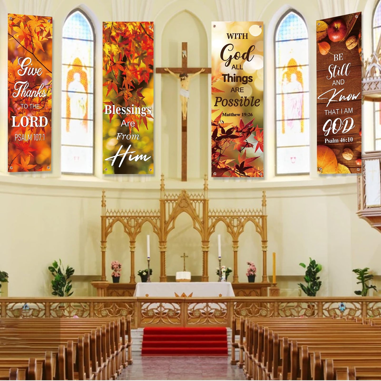 4 Pcs Fall Harvest Church Banners with Bible Verse Backdrop, Religious Praise Hanging Signs, for Church Decorations Sanctuary Wall Fall Harvest Banners