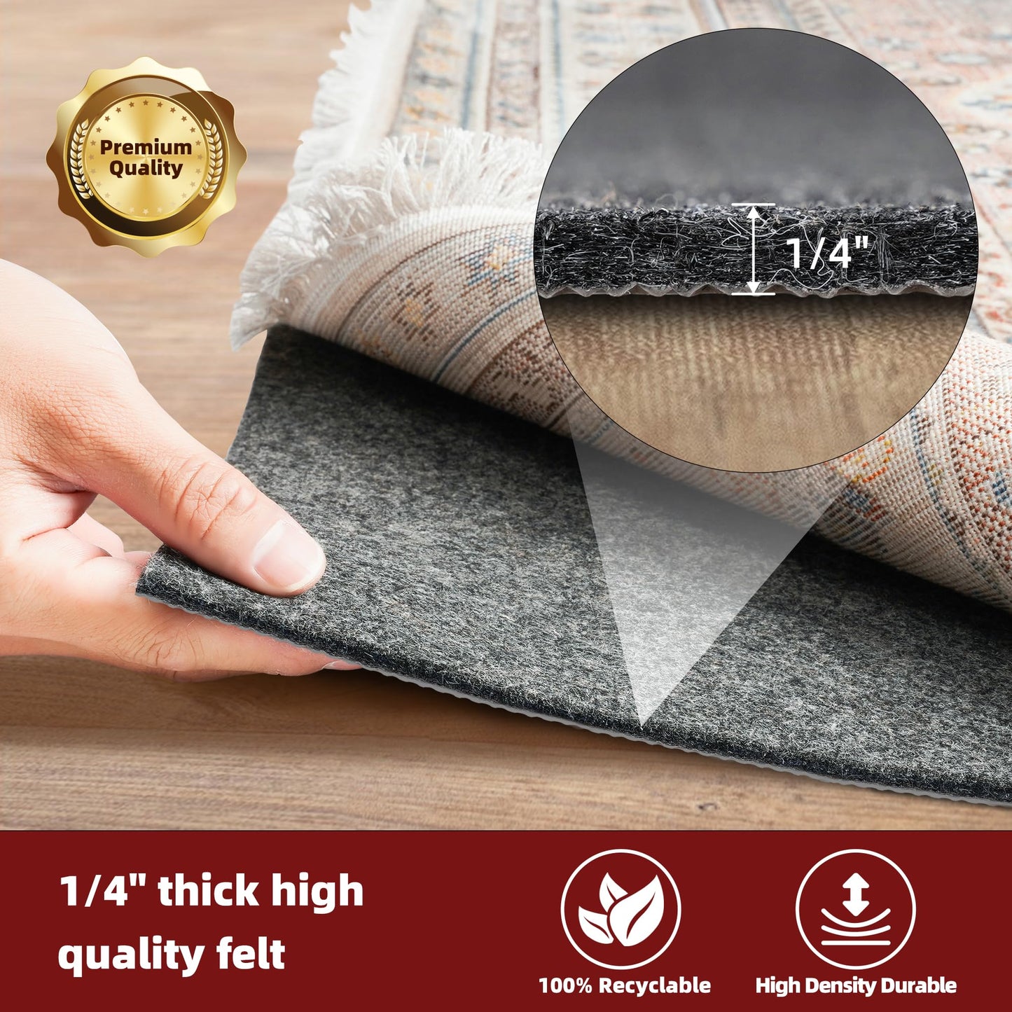 BAGAIL BASICS Felt and Natural Rubber Backing Rug Pads 1/4” Thick, 5 x 8 Ft Non Slip Carpet Gripper Keep Rugs in Place, Under Area Rug Cushioned Pads, Carpet Runners, Hardwood Floors Protection