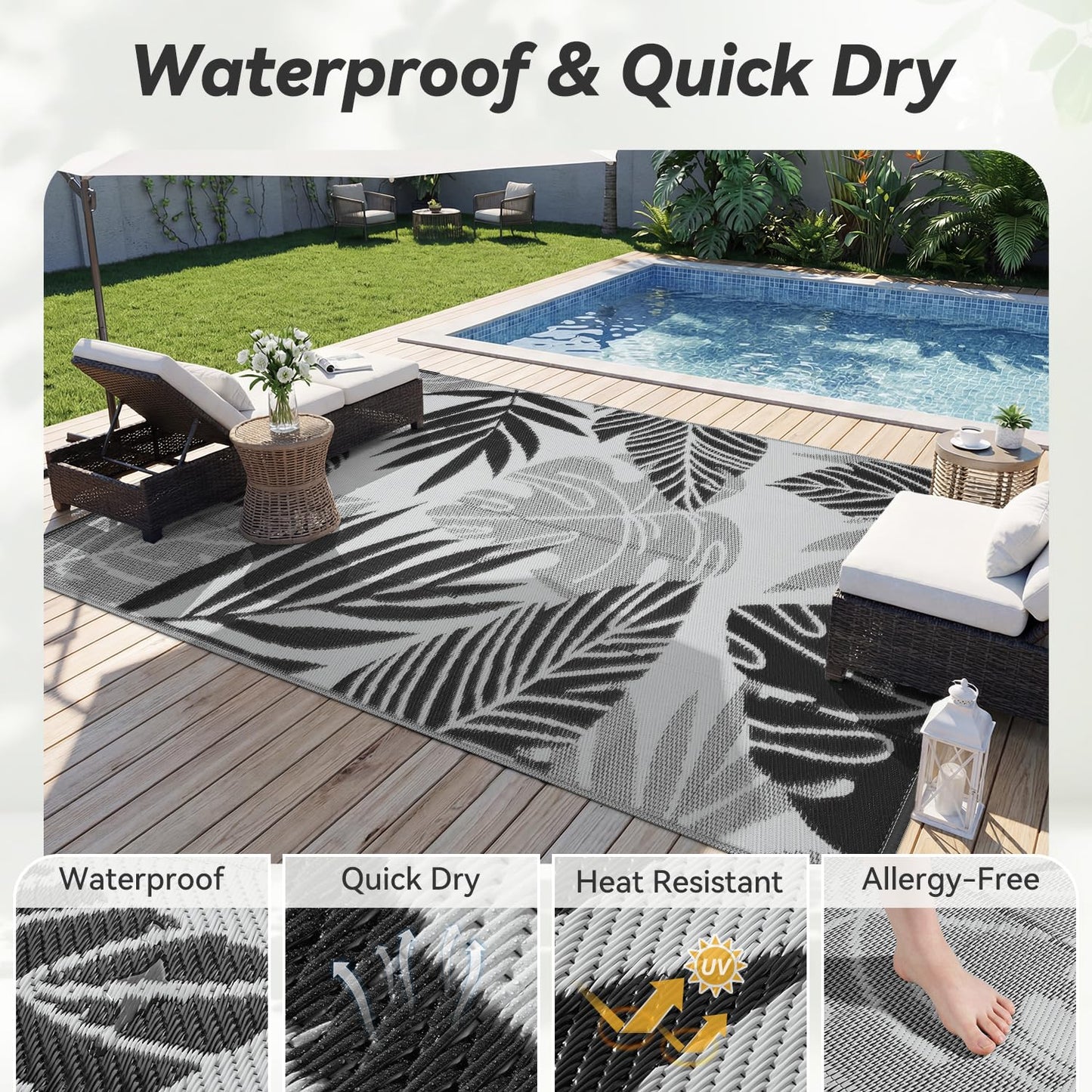 Outdoor Rug-Patio Rug 5x8 ft Waterproof Outdoor Carpet Reversible Portable Outdoor Patio Rugs Camping Mat for Patio Camping Rv Picnic Backyard Deck Balcony Beach Rug,Grey & Black
