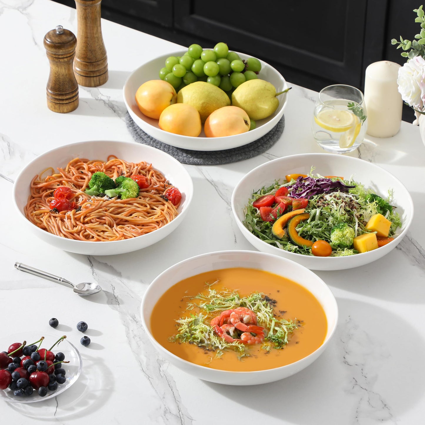 MALACASA 10" Large Pasta Bowls, 56 OZ White Salad Bowls Soup Bowls, Porcelain Serving Bowls Set of 4, Large Salad Bowl Plates Pasta Plates, Microwave & Dishwasher Safe, Series Regular