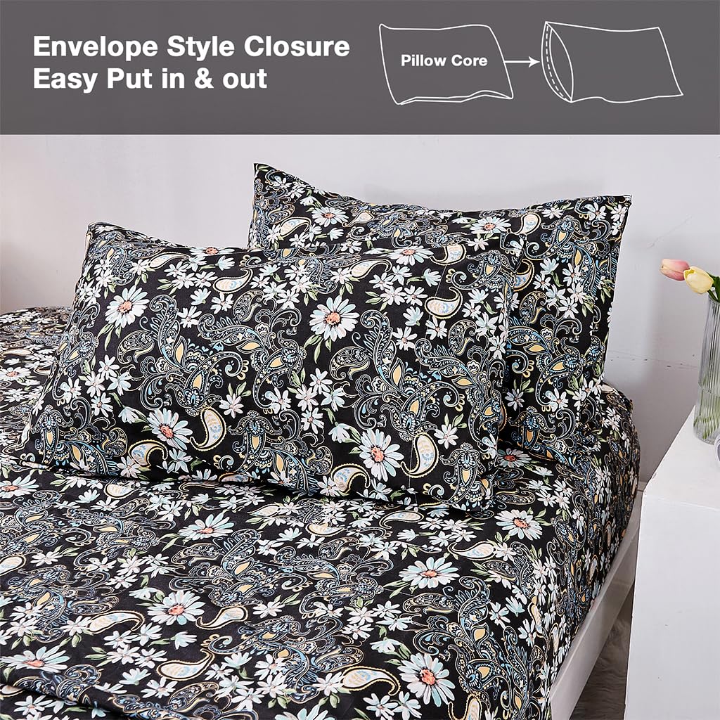 JSD Queen Paisley Floral Print Sheet Set 4 Piece Black Pattern Soft Microfiber Bedding Sheets 15" Extra Deep Pocket