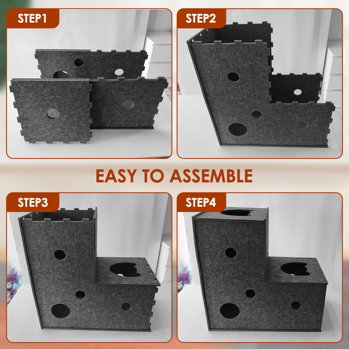 Cat Tunnel for Indoor Cats,DIY Transformable Cat Hideaway Cave,Kitten Play Tubes and Tunnels,Felt Peekaboo Cat Toy with Interactive Peek Holes (Grey, L-Shape Tunnel)