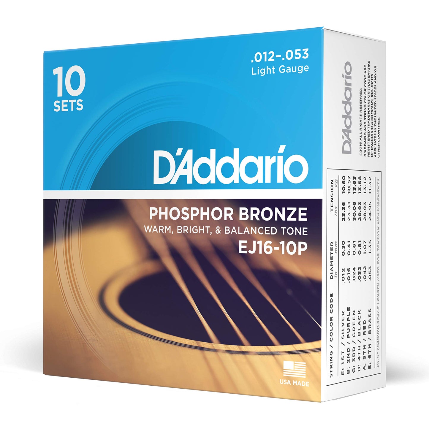 D'Addario Guitar Strings - Acoustic Guitar Strings - Phosphor Bronze - For 6 String Guitar - Warm, Bright, Balanced Tone - EJ16-10P - Light, 12-53 - 10-Pack