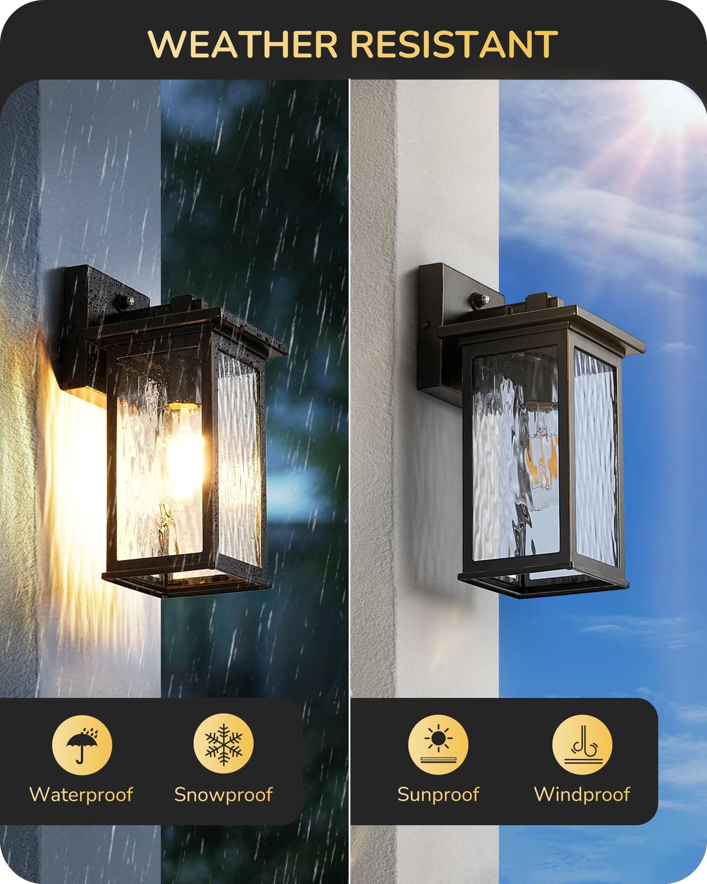 EDISHINE 2 Pack Outdoor Wall Light, Dusk to Dawn Exterior Light Fixture, Modern Porch Light Wall Mount Sconce, Clear Water Ripple Glass, Black Metal Outside Wall Lantern for Front Door Garage Patio
