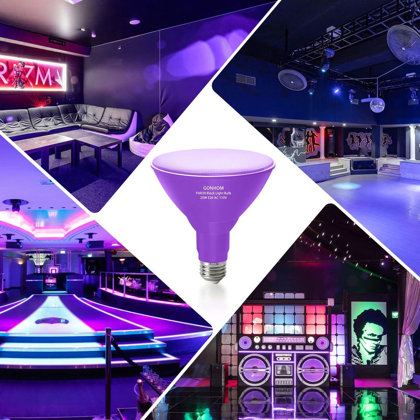 Gonhom 2 Pack PAR38 LED Black Light Bulbs, 20W Replace to 200W Blacklight Bulb, E26 Base 110V,UVA Level 385-400nm, Glow in The Dark for Blacklights Party, Body Paint, Neon Glow,Fluorescent Poster