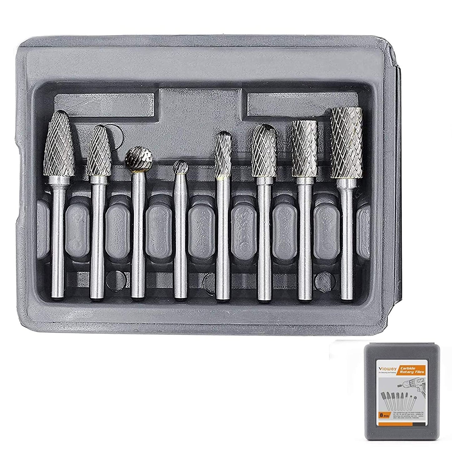 Die Grinder Bits, Carbide Rotary Burr Set 1/4 Shank, 8PCS Double Cut Deburr Bits Grinding Tool for Metal Wood Jade Carving Engraving Polishing Drilling Milling Cutting