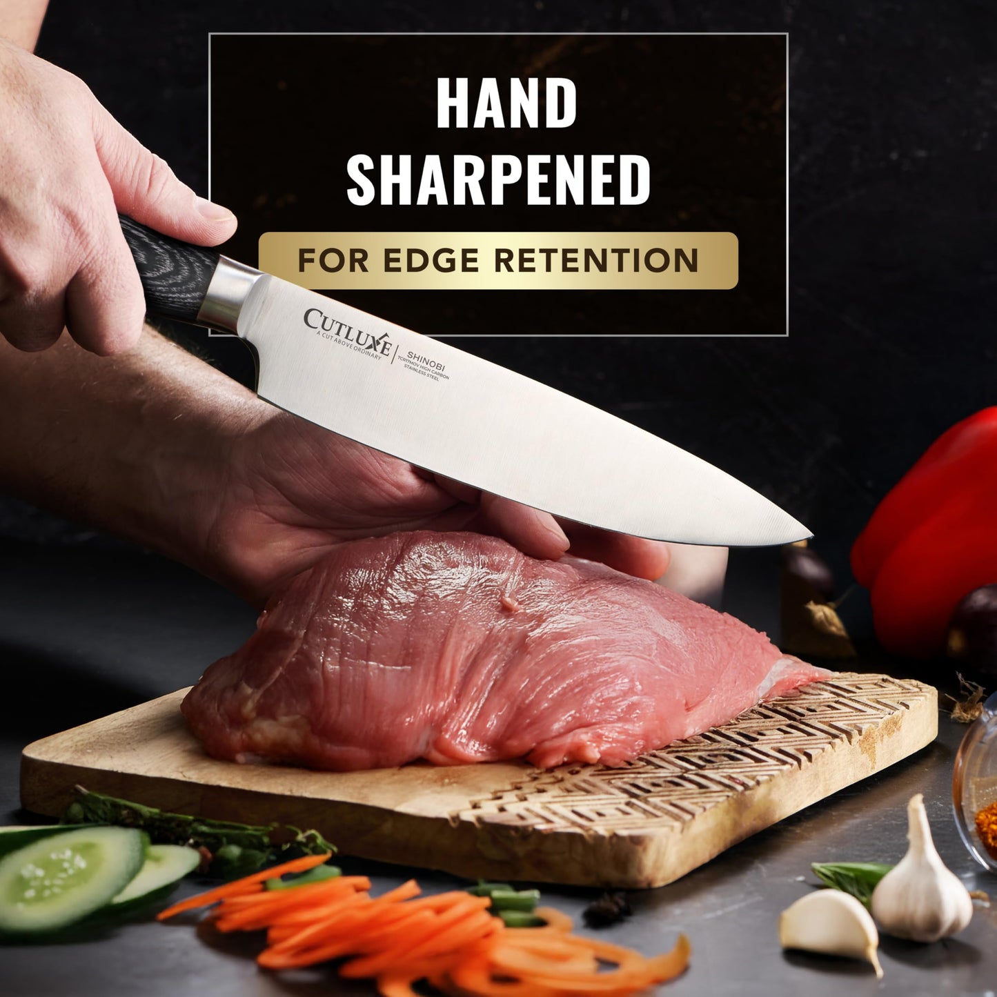 Shinobi Chef Knife Set, Professional 3 PCS Kitchen Knife Set – Japanese Kitchen Knife Design, Razor Sharp High Carbon Stainless Steel Blades, Ergonomic Pakkawood Handles, Full Tang by Cutluxe