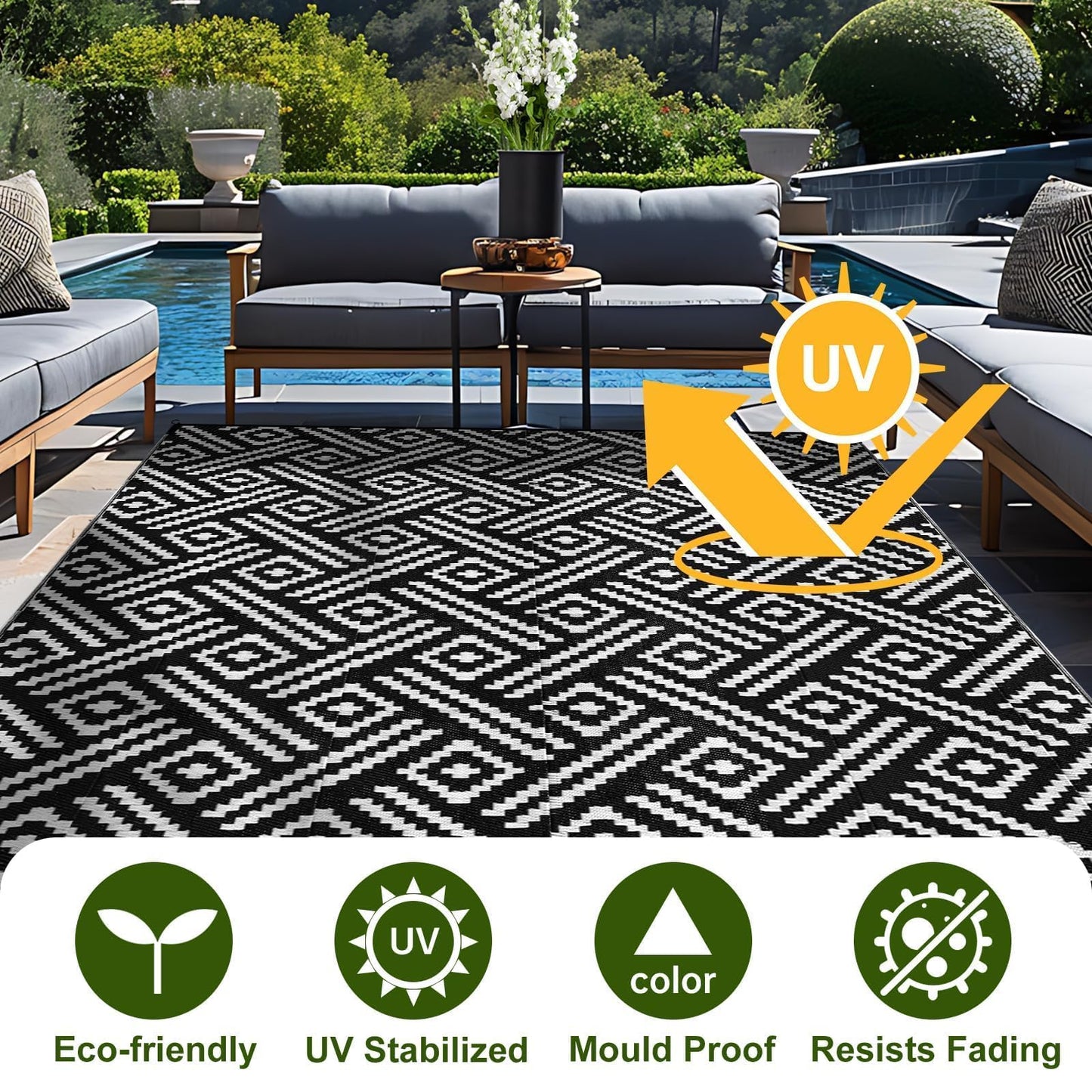 OPPODREAM Outdoor Rug 5x7 Ft, Waterproof Outdoor Plastic Straw Rug for Patio, Reversible Out Door Carpet for Camping, Deck, Rv, 5 x 7 Area Carpet Balcony, Porch, Backyard, Black and White