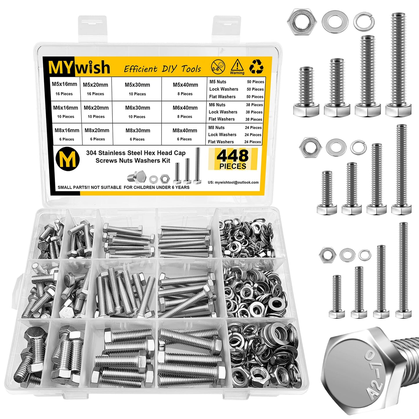 Mywish 448PCS M5 M6 M8 Bolt Screw Set, Metric Bolt Assortment, 304 Stainless Steel, Nut and Bolt Set Flat & Spring Washers, Hex Head Cap Screws Bolts and Nuts Kit, Fully Thread