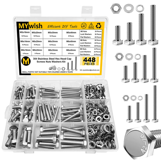 Mywish 448PCS M5 M6 M8 Bolt Screw Set, Metric Bolt Assortment, 304 Stainless Steel, Nut and Bolt Set Flat & Spring Washers, Hex Head Cap Screws Bolts and Nuts Kit, Fully Thread
