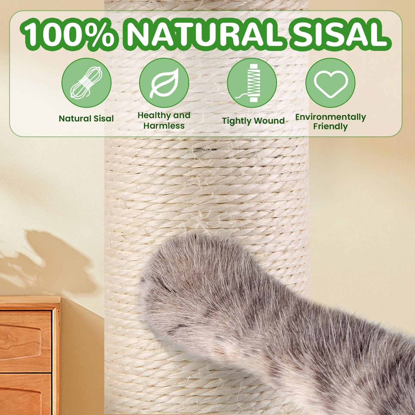 COUNER 39.4'' Tall Cat Scratching Post,3.5 Inch Wide Sisal Rope Scratching Post for Indoor Adults Kittens,Cat Scratcher with Stable Wood Base Interactive Ball Toys Self Groomer Brush for Large Cats
