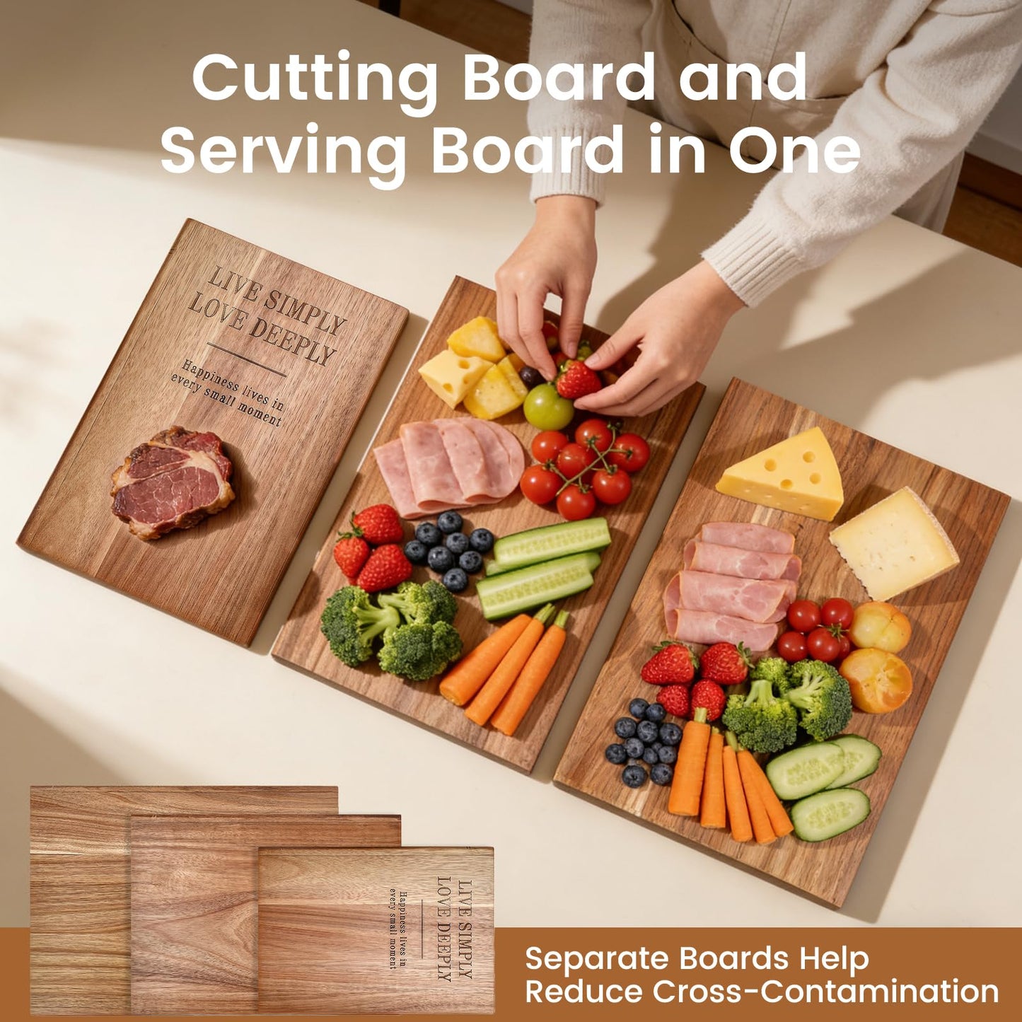 Book Cutting Board Set of 3 with Stand - Bierofaro Acacia Wood Chopping Boards for Kitchen, Decorative Book-Shaped Wooden Board for Cheese, Bread, Meat & Serving - Housewarming Gift