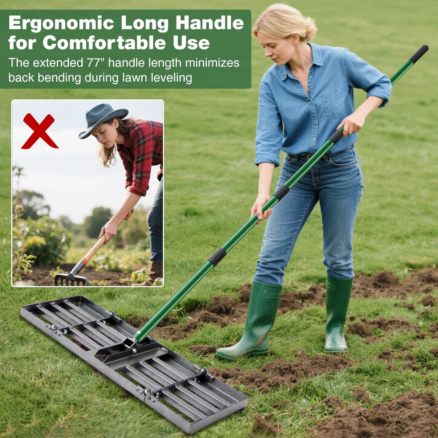 30"x10" Lawn Leveling Rake, Heavy Duty Lawn Leveler with 33"-77" Adjustable Handle, Foldable Ground Leveling Tool for Soil, Sand, Gravel, Ergonomic Design for Lawns, Golf Courses and Backyards
