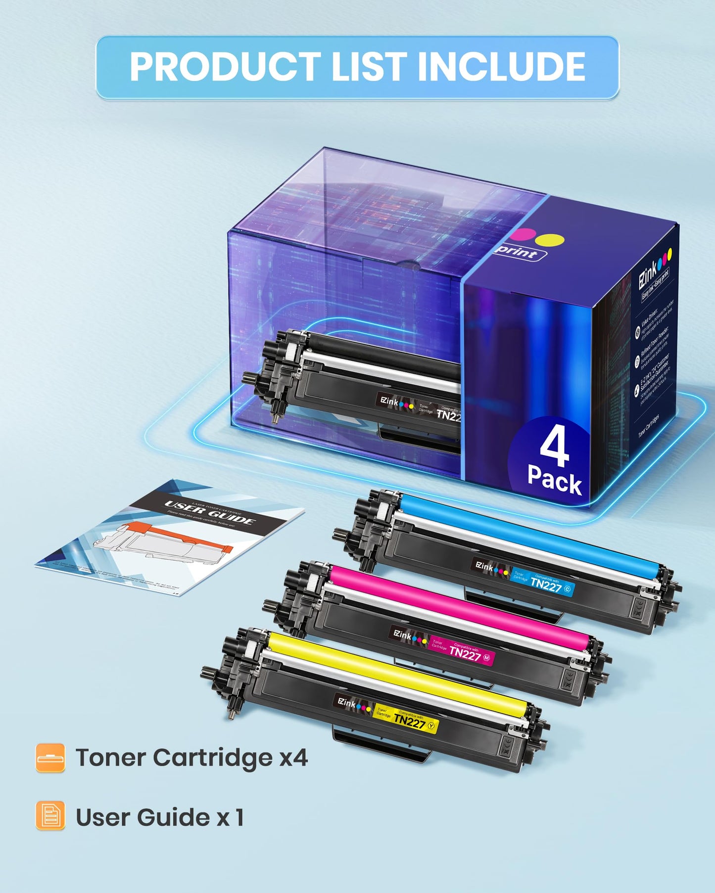 E-Z Ink (Newest Chip) TN227 Toner Cartridges 4 Pack Compatible Replacement for Brother TN227 TN227XL TN223 for HL-L3290CDW MFC-L3710CW MFC-L3750CDW MFC-L3770CDW HL-L3270CDW Printer (BK/C/M/Y)
