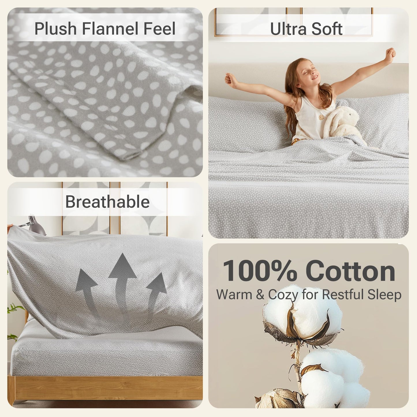 True North by Sleep Philosophy Flannel Sheets Queen Size, Cozy 100% Cotton Flannel Bed Sheets, Ultra Soft Cute Sheet Set, Novelty Print Themed Cold Weather Warm Bedding Set, Grey Dots 4 Piece