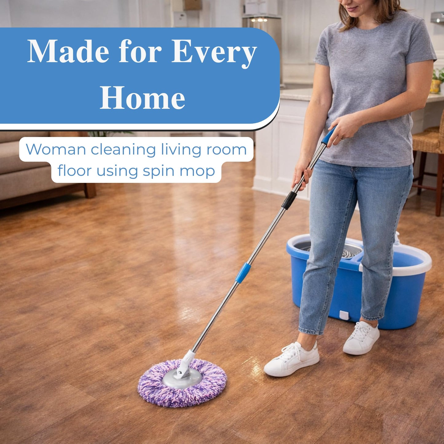 NESTLYF Spin Mop & Bucket Set Blue, 2 PCS Microfiber Mops with Stainless Steel Handle, Easy Self-Wringing System, Durable ABS Bucket, Deep Cleaning for Home Floors