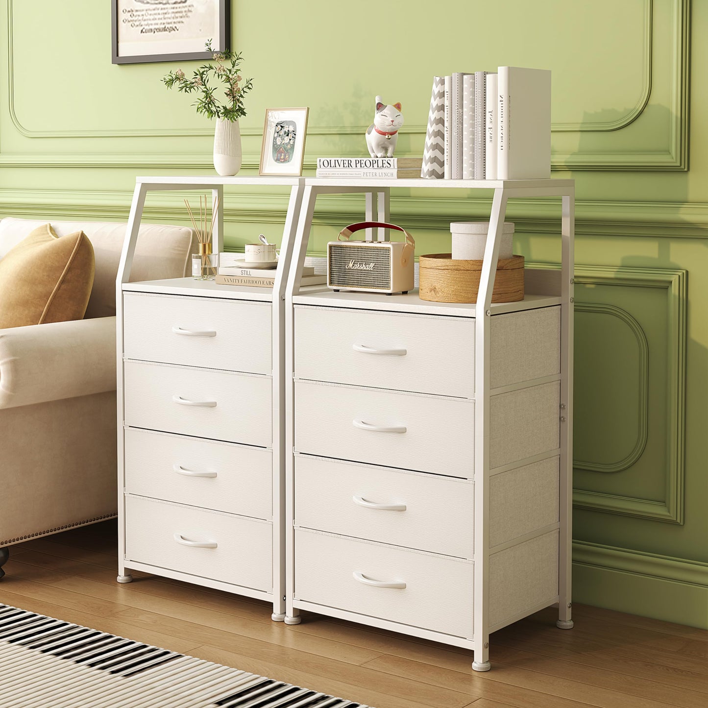 Mexin Dresser for Bedroom, Tall Night Stand with 4 Drawers, Bedside Table de Chevet, Small Chest of Drawers for Closet Living Room, White