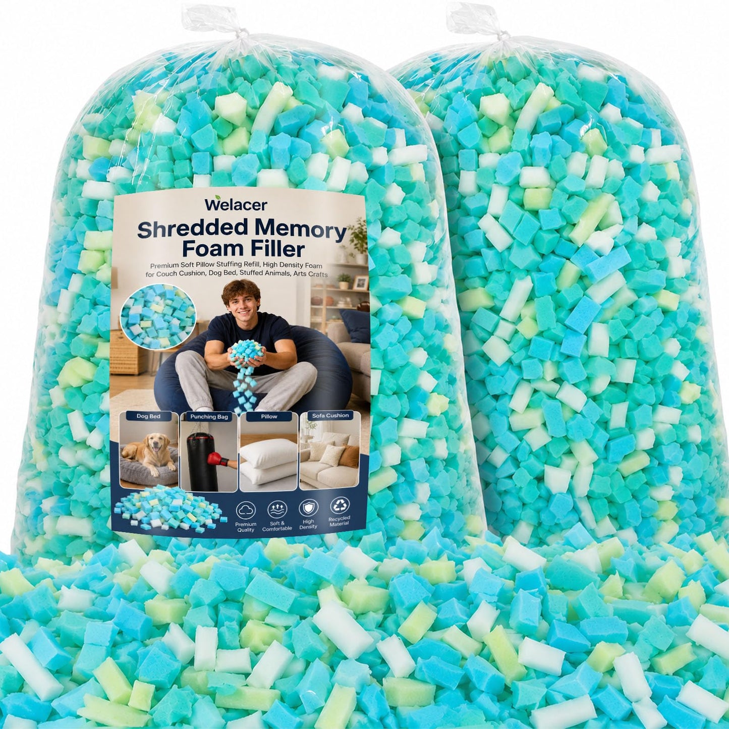 Welacer 10lbs Shredded Memory Foam Filling, Bean Bag Filler Refill, Soft Foam Stuffing for Pillows, Cushions, Stuffed Animals, Arts Crafts & DIY Projects, Multi-Color