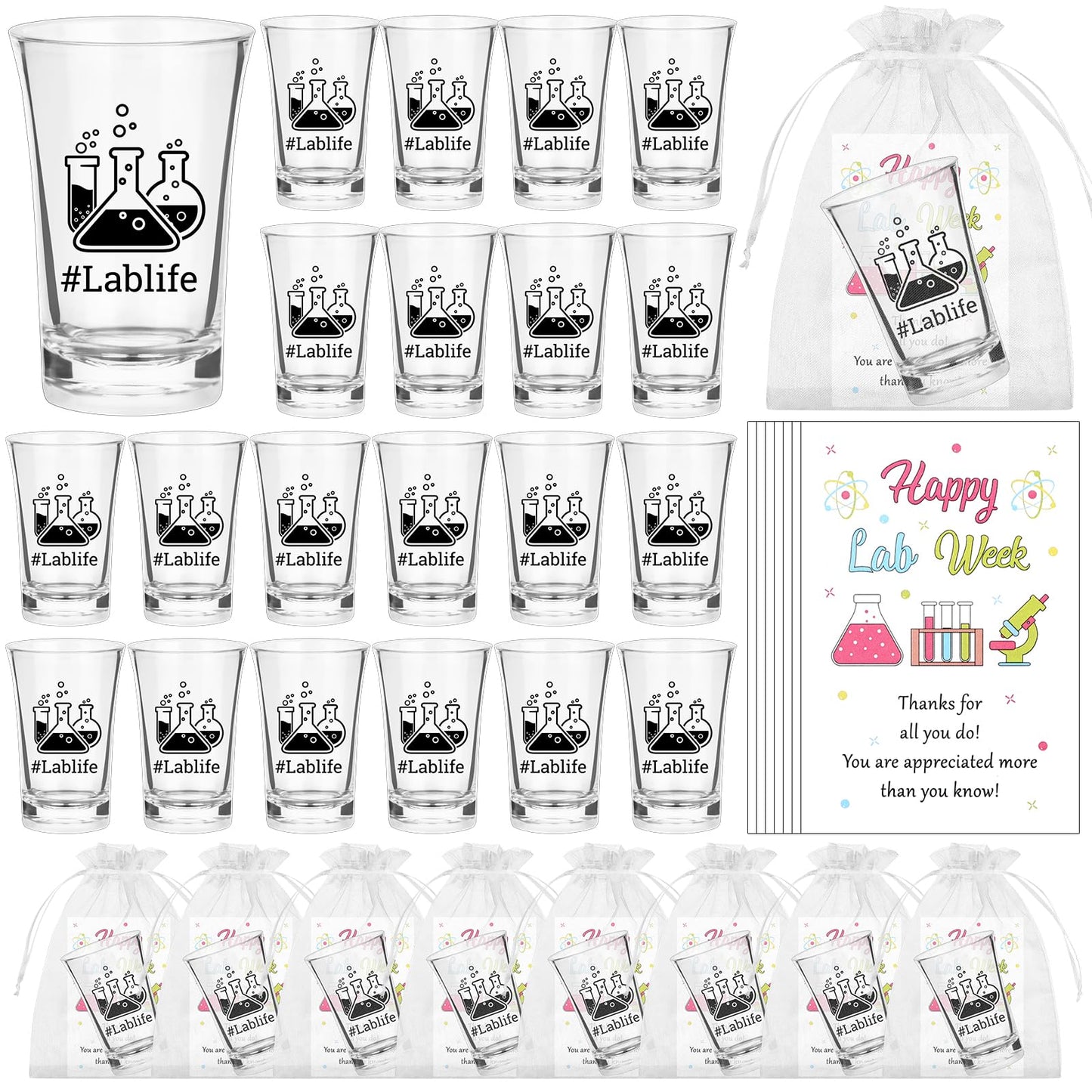 HCEWSBFD 36 Sets Lablife Acrylic Shot Glasses Lab Week Shot Glasses Bulk with Happy Lab Week Cards, Lab Week Gifts Bulk for Laboratory Workers Medical Scientist Technician Microbiology Teacher Staff