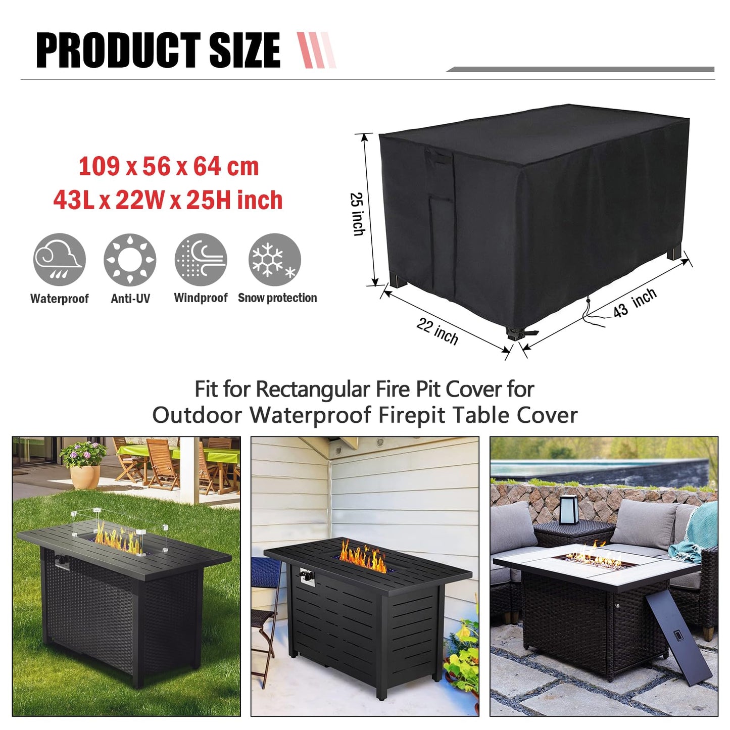 Youlvy Rectangular Fire Pit Cover 43 inch, Propane Gas Fire Pit Table Cover,Outdoor Waterproof Firepit Table Cover - 43 X 22 X 25 Inch