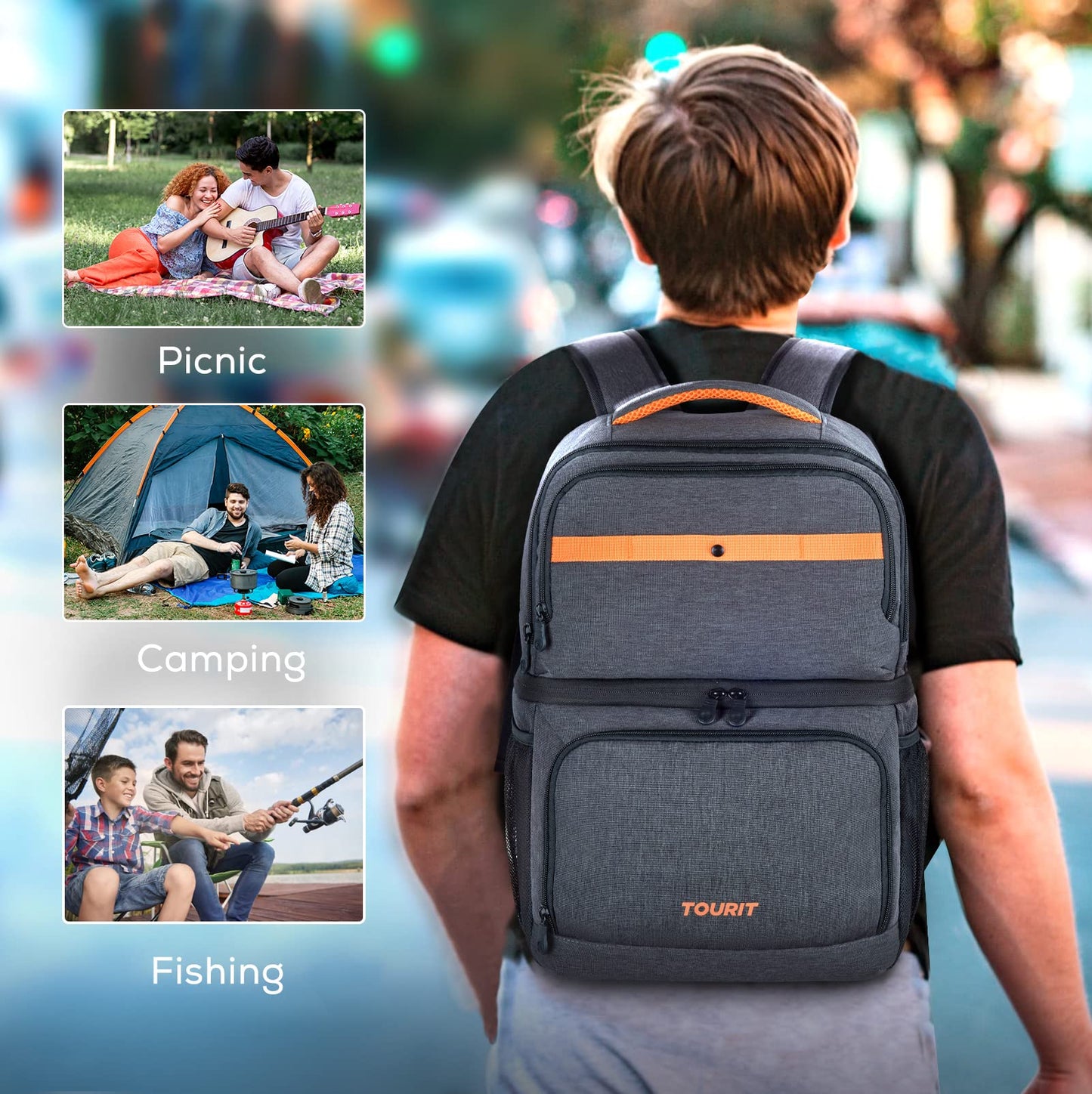 TOURIT Backpack Cooler with Double Decks, Insulated Cooling Bag for Lunch,Waterproof Lightweight for Men to Camping, Picnic, Hiking, Beach Park, Dark Grey
