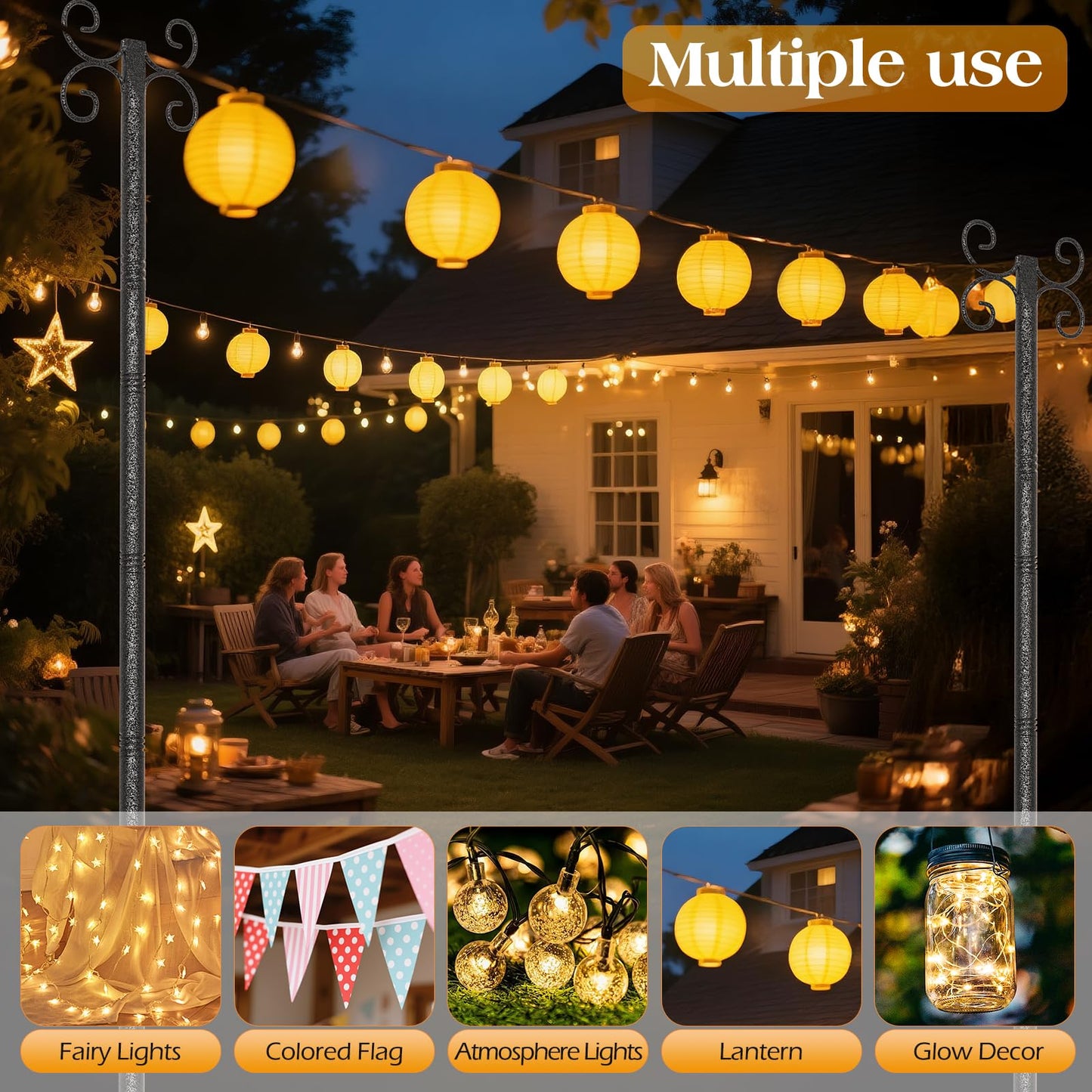 4 Pack String Light Poles, 10Ft Adjustable Height Metal Lights Pole with 4 Hooks and Rustproof, for Yard Patio Decor, Camping, Sun Shades Outdoor, Outside Decor