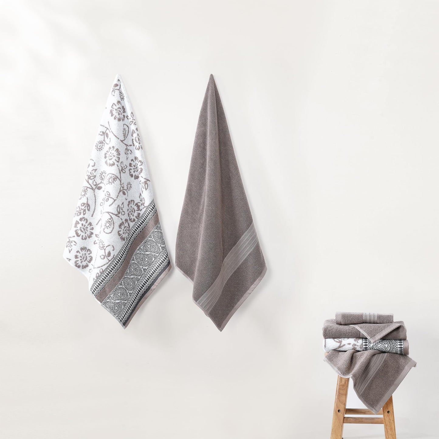 Modern Threads 6 Piece Set, 2 Bath Towels, 2 Hand Towels, 2 Washcloths Yarn Dyed Jacquard/Solid Towel Set Ophelia Fawn