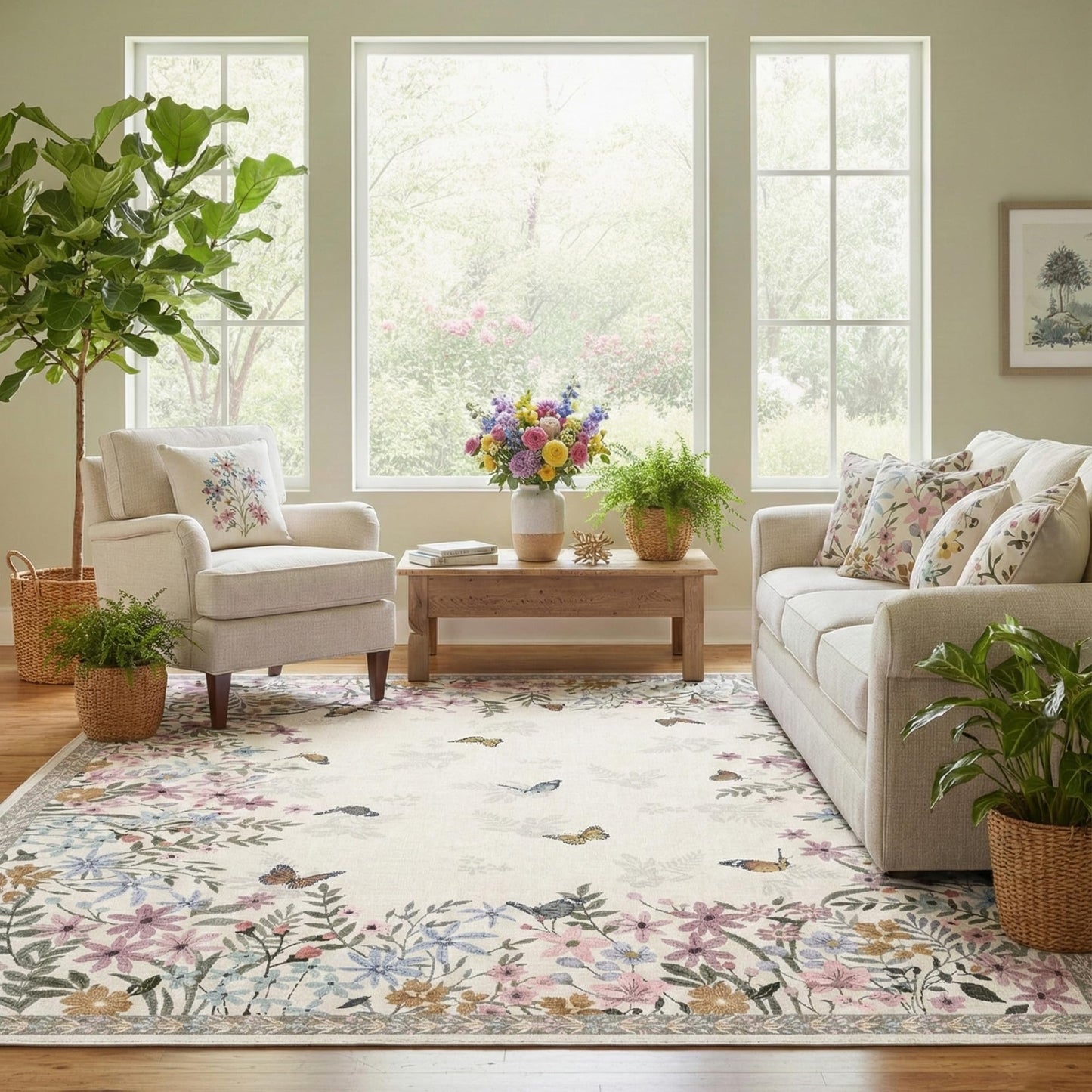 KUEAO 4x6 Area Rug Beige, Floral Rugs for Living Room, Lightweight Non Slip Washable Rug, Indoor Low Pile Boho Design Rugs for Bedroom Living Room Dining Room Beige