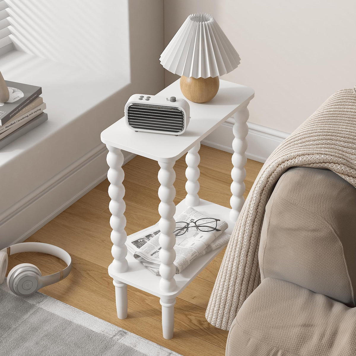 Veegle Narrow Side Table, Small End Table with Storage Shelf, Modern Bedside Table Night Stand for Living Room, Bedroom, Office and Small Spaces (White)