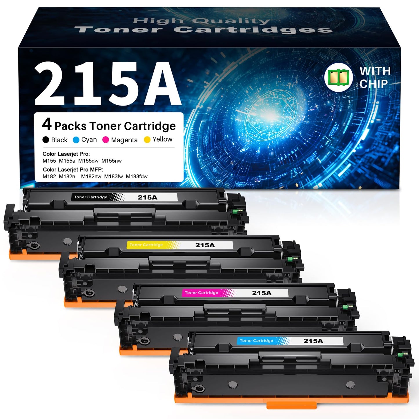(with Chip) 215A Toner Cartridges Compatible Replacement for HP 215A 215 A 215X Use with HP Color Pro MFP M182 M183 M155 MFP M183fw M182n M182nw M155nw M155a Printer ( 4 Pack, B/C/M/Y )