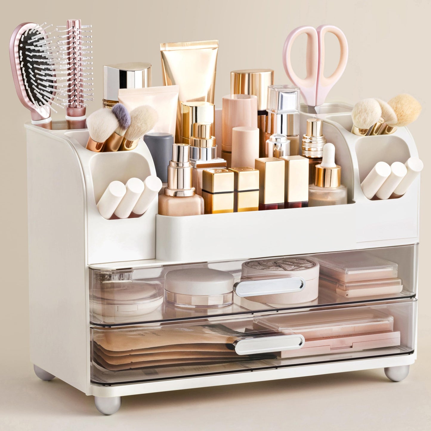 HBlife Makeup Organizer for Vanity with Brush Holder, Large Bathroom Countertop Cosmetic Organizer Skin Care Storage, Easy to Store Lipsticks, Nail Polishes, Perfumes, Eyeshadow Palettes, White