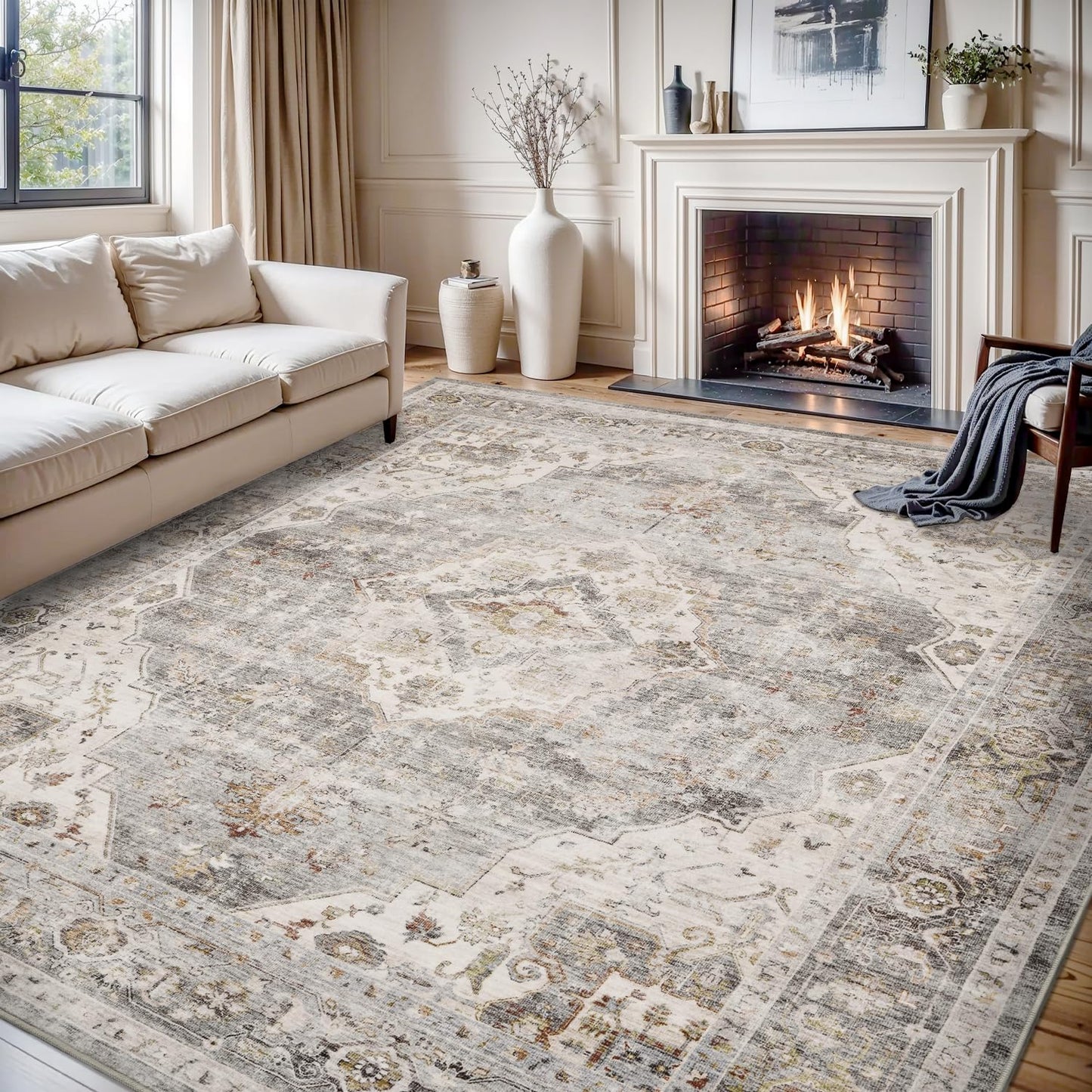Montvoo-Area Rug 5X7 Rugs for Living Room-Grey Machine Washable Rug-Soft Living Room Rug-Vintage Non Slip Carpet-Rugs for Bedrooms Dining Room Living Room Office