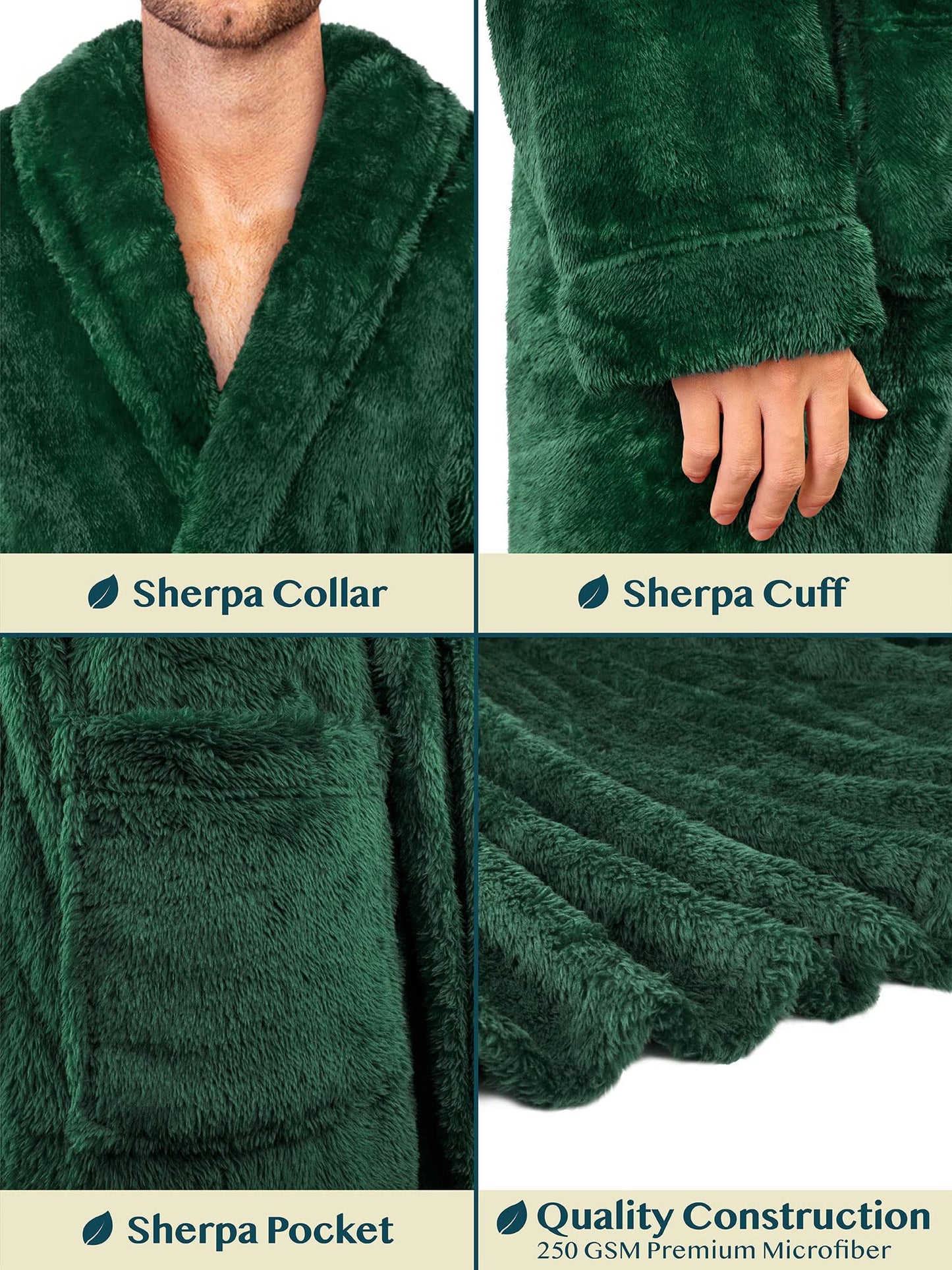 PAVILIA Mens Soft Robe, Plush Fluffy Fleece Bathrobe Men, Long Sherpa Shaggy Fuzzy Spa Bath Robe, Green, Small-Medium