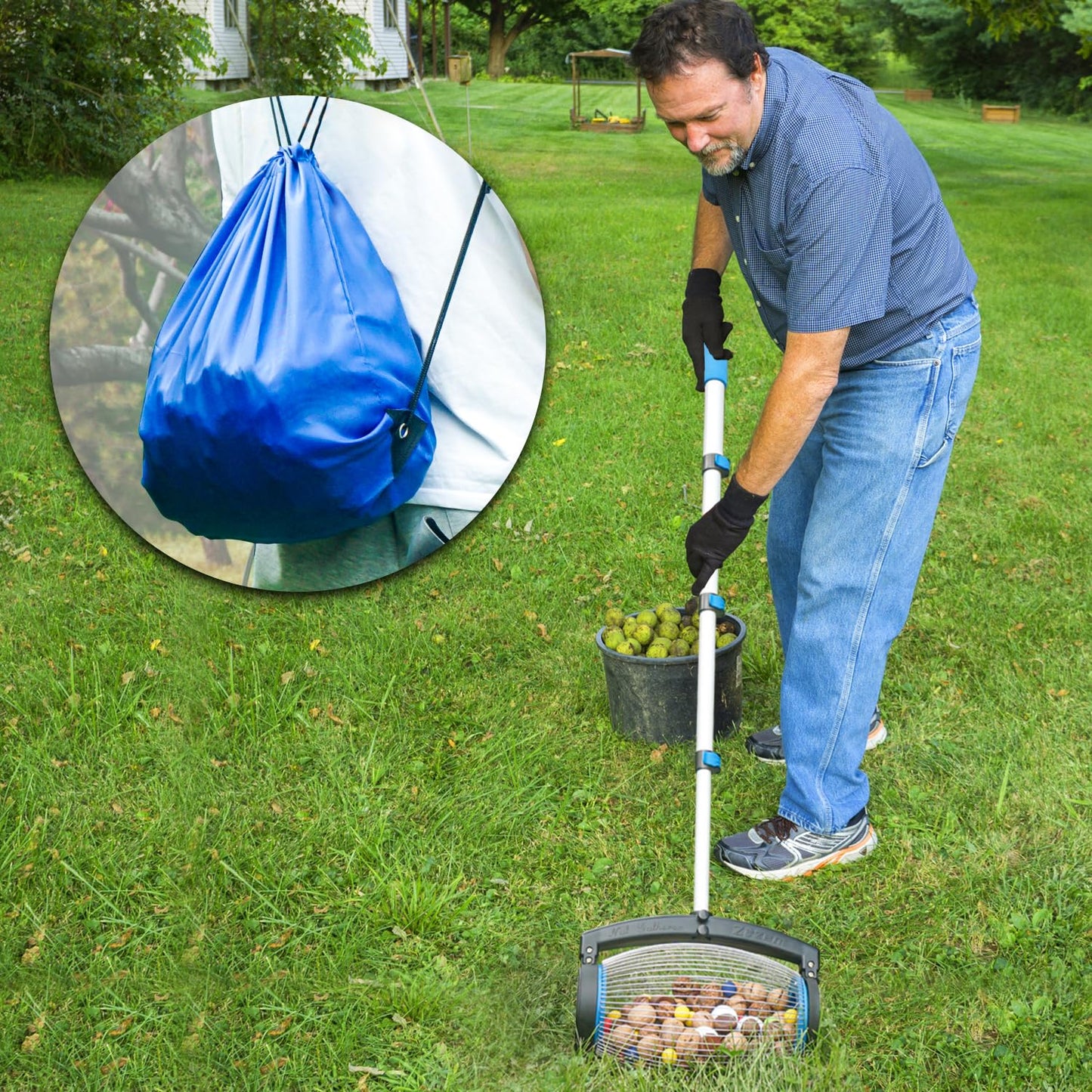 zozen Nut Gatherer,Walnut Picker Upper,Side Opening Dump,Pecan Picker Upper,Apply to Hickory Nuts,Spiked Balls,Chestnuts,Nerf Darts,Golf,Objects 1'' to 2-1/2''; 55inch,1.5 Gallon (Large) Blue
