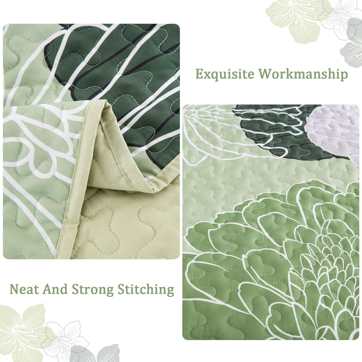 Yiran Floral Quilt Set Queen Size Sage Green Botanical Bedspreads Bedding Set 3 Pieces Lightweight Summer Coverlet with 2 Pillow Shams 96x90 Inch