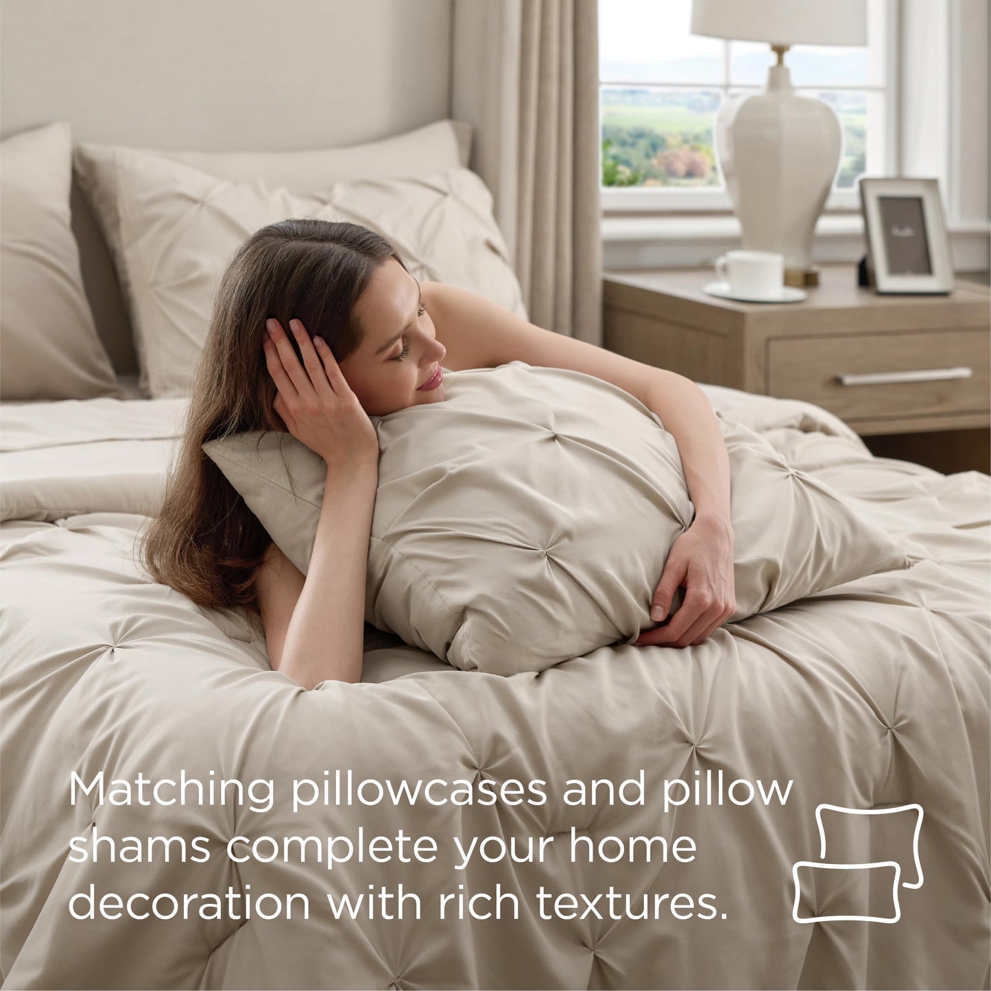 Bedsure Queen Comforter Set Beige - 7 Pieces Bed in a Bag Queen Size, GentleSoft™ Pintuck Bed Set Gift for Family, Pinch Pleat All Season Comforter with Sheets, Pillowcases & Shams