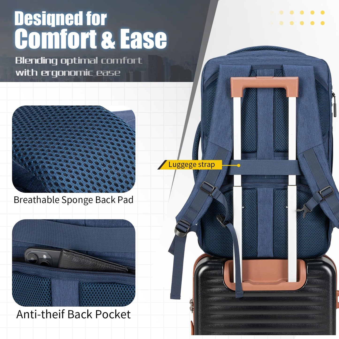Velaybor 42L Travel Backpack with 4 Packing Cubes, TSA Friendly Flight Approved Carry-On Bag with USB Charging Port, Water-Resistant Weekender Business Backpack for Men Women, Fits 17.3" Laptop(Blue)