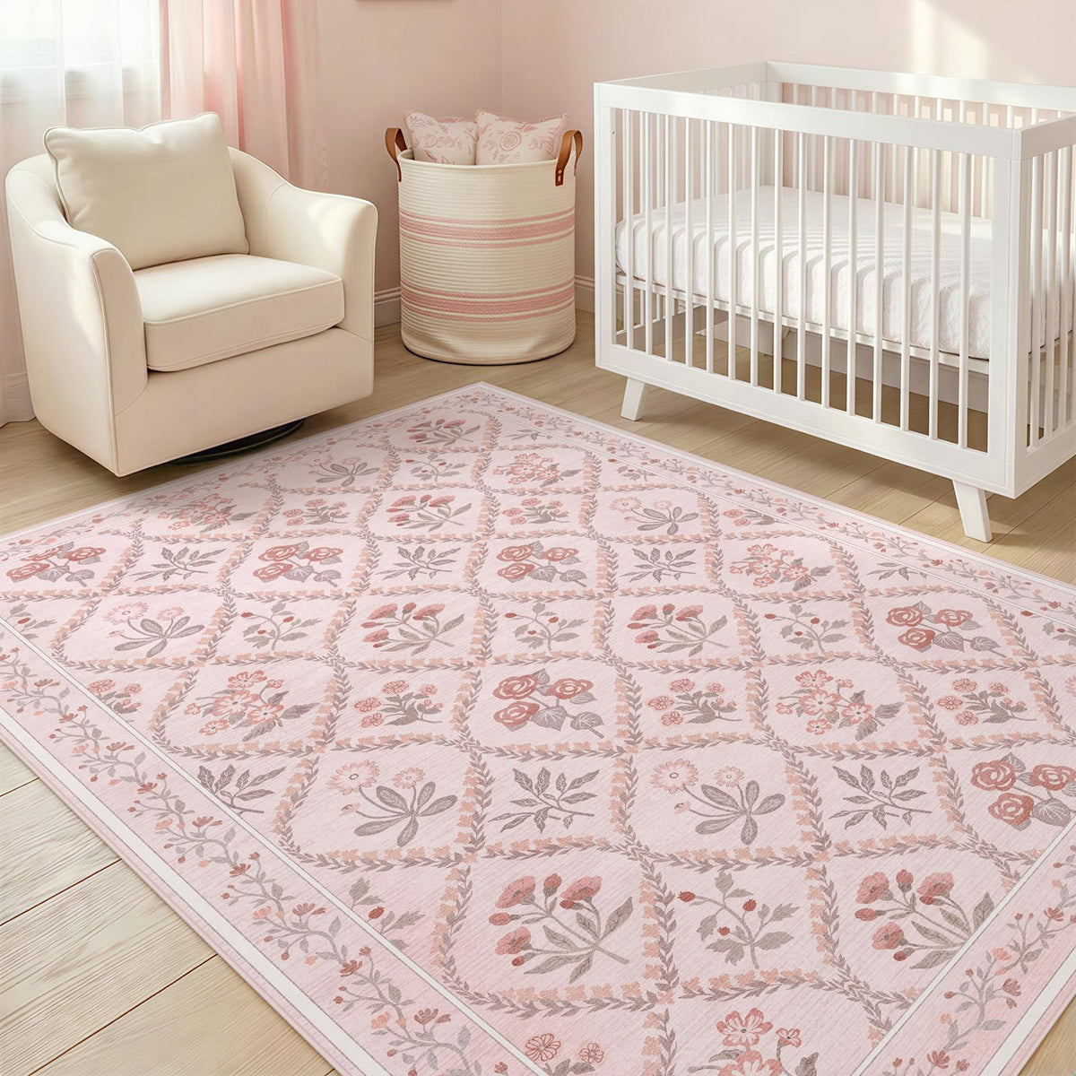 Dadasgk Area Rug 5x7 Washable Rugs for Living Room, Pink Boho Floral Rugs for Bedroom Nursery Girls, Soft Non-Slip Low-Pile Large Carpet for Kids Room Playroom Dorm Dining Room, Light Pink Cute