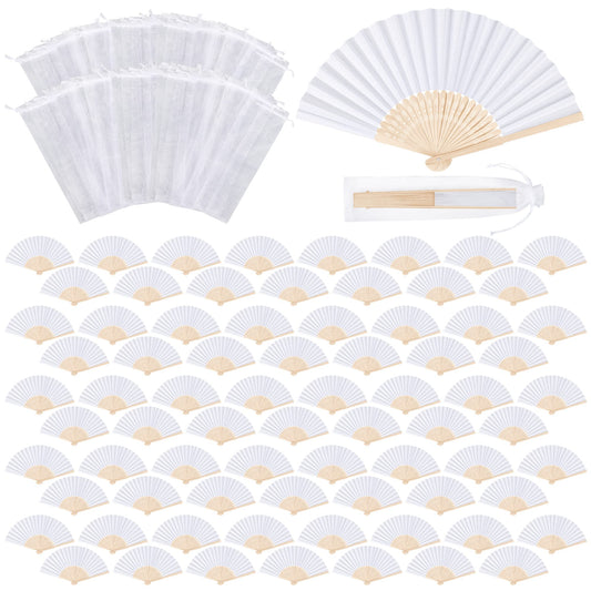 MCEAST 80 Pieces White Folding Paper Fans Wedding Fans Handheld Paper Fan White Bamboo Hand Fan Foldable Cool Favors with 80 Organza Bag for DIY Decor Wedding Party Favors Summer Guest