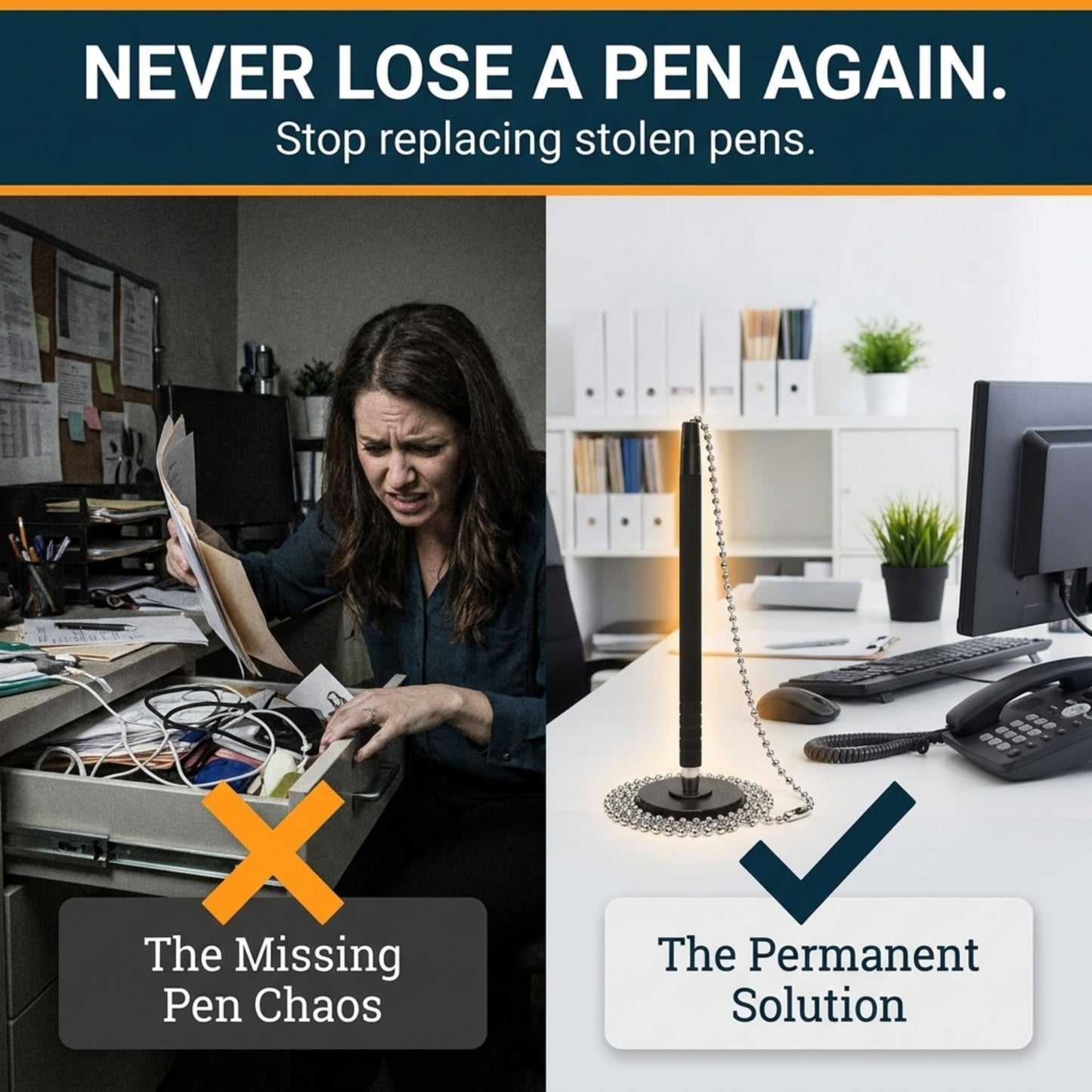 Office Werks 2 Pack of Secure Pens, Reception Counter Pen with 26" Chain Adhesive Holder, Includes 4 Black Ink Pens with Chain Attached Per Pack, (8 Pens Total) Easily Refillable Pens with Rubber Grip