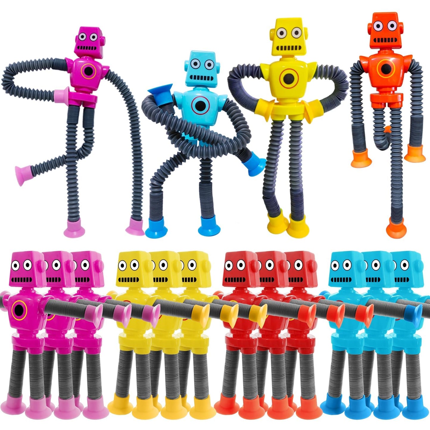 16 PCS Telescopic Suction Cup Robot Toy,Mini Robot Action Figure Bendable Fidget Travel Toy Gifts for Birthday Christmas Party Favors Shape Changing Pop Tubes ADHD Autism Sensory Toy Kids Boys Girls