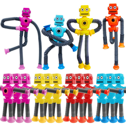 16 PCS Telescopic Suction Cup Robot Toy,Mini Robot Action Figure Bendable Fidget Travel Toy Gifts for Birthday Christmas Party Favors Shape Changing Pop Tubes ADHD Autism Sensory Toy Kids Boys Girls