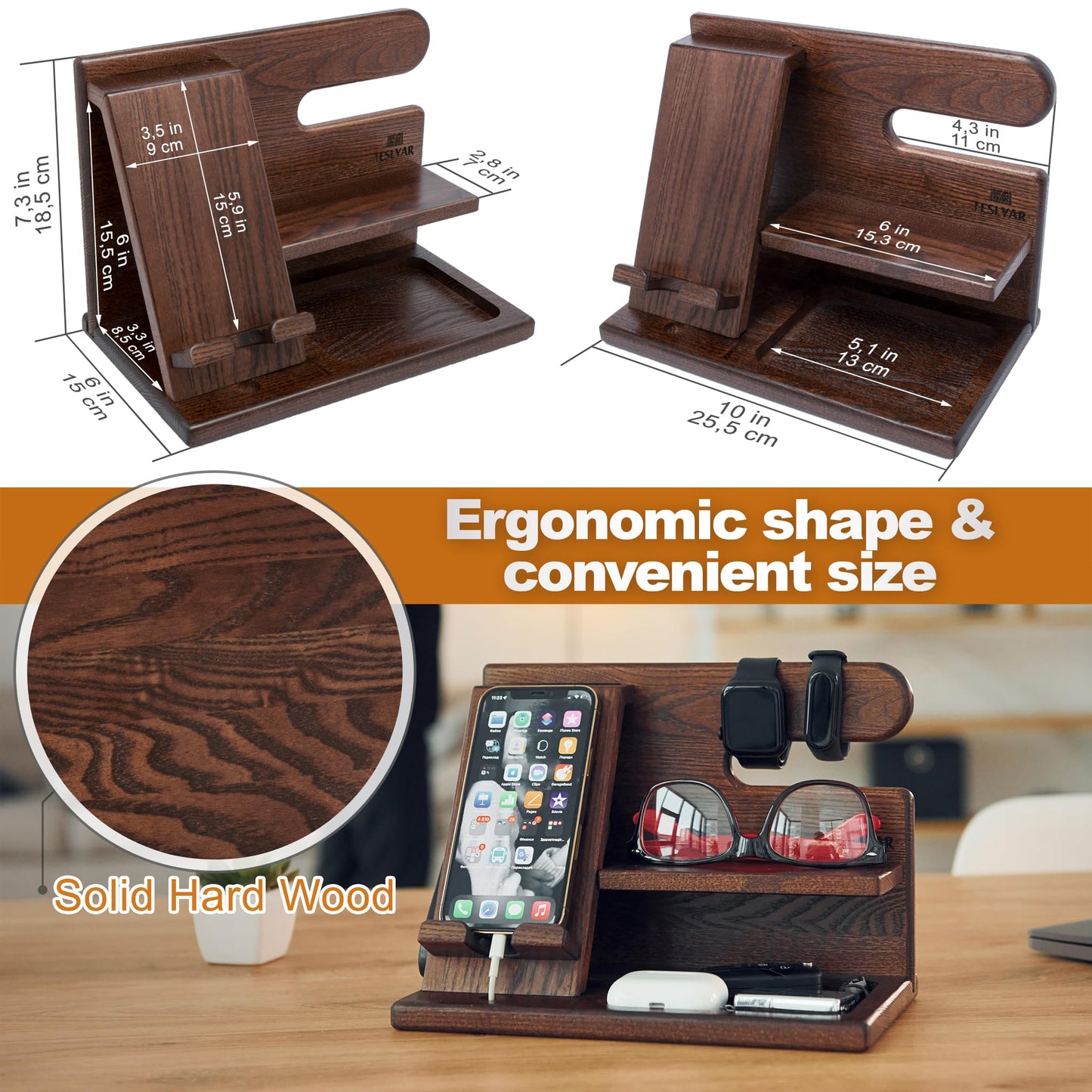 TESLYAR Gifts for Men – Wood Phone Docking Station, Nightstand Desk Organizer, Fathers Gift, Gifts for Dad or for Him, Birthday, Anniversary, Xmas Mens Gift Ideas, Wallet Holder (Bourbon Brown)