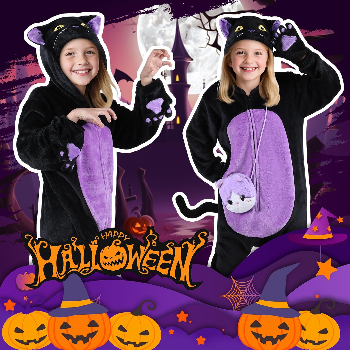Black Cat Costume for Girls, Kids Hooded Cat Noir Onesie with Purse Bag, Girls Halloween Costumes for Kids Age 5-10