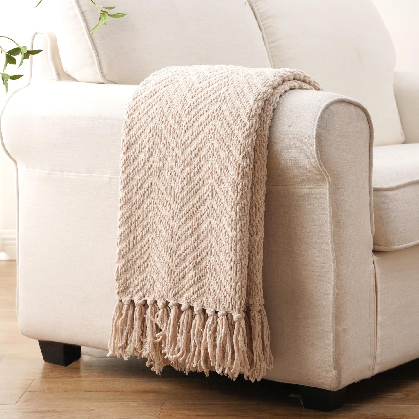 BATTILO HOME Beige Throw Blankets for Couch Bed Sofa, Textured Solid Soft Knitted Throw Blanket with Tassels, Warm Cozy Couch Blanket Large Bed Throws, 60"x80"