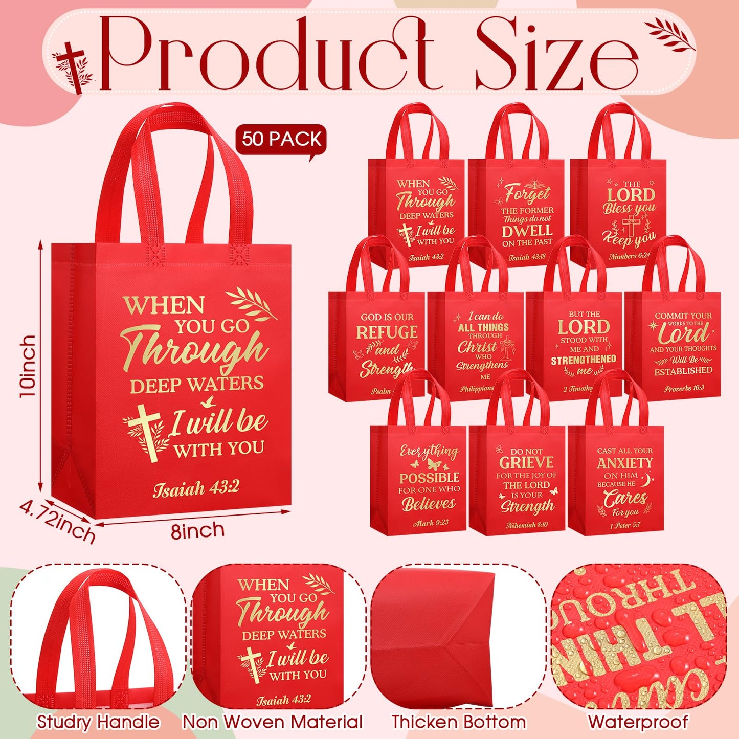 Talltalk 50 Pcs Christian Gift Bag Bulk Reusable Bible Verse Tote Religious Welcome Visitors Church Bags with Scriptures Clergy Pastor Gift for Sunday School Party Favors Christmas(Red,Medium)
