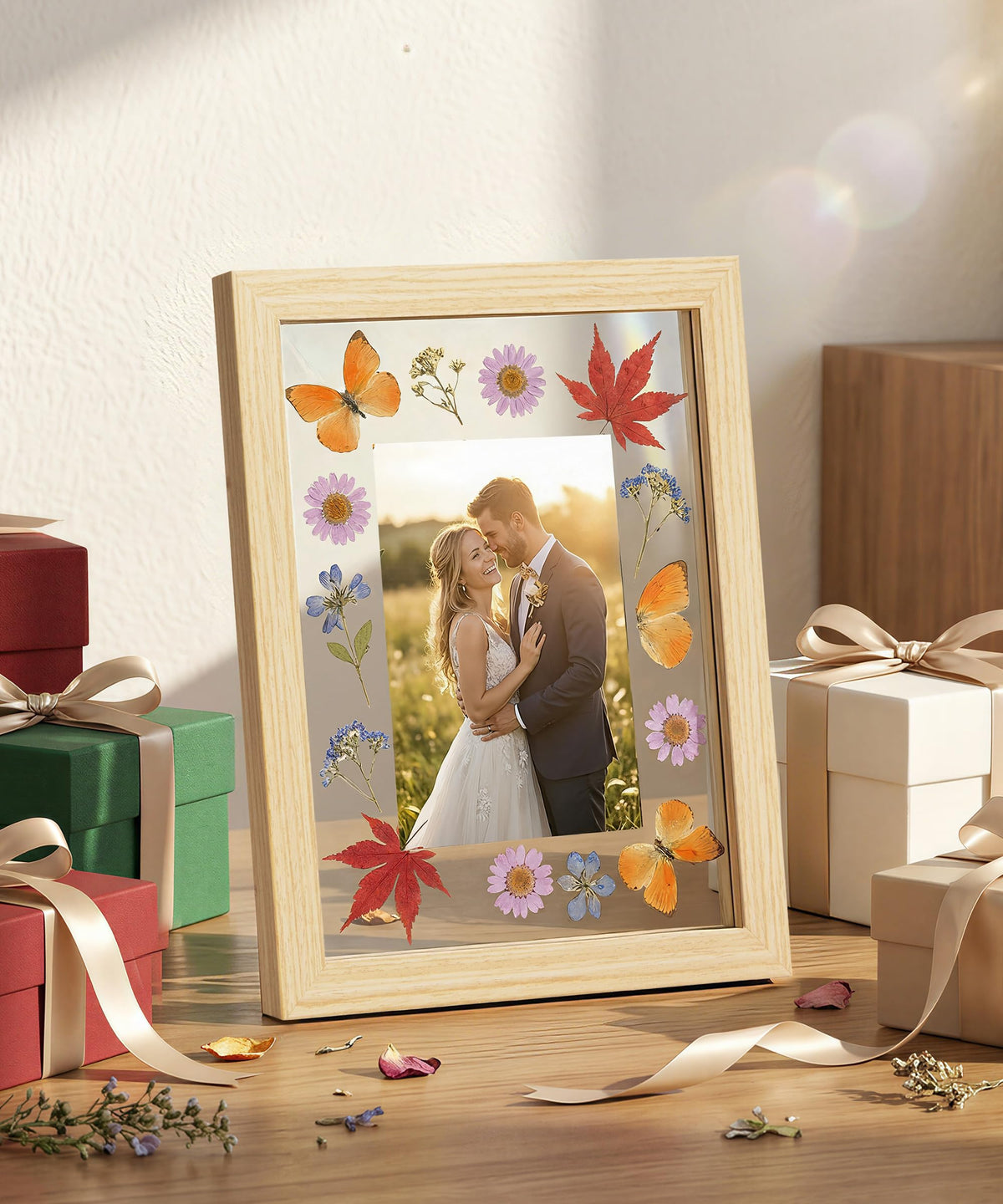 Sonefreiy Floating Picture Frames 8x10 Set of 2, Wooden Photo Frame Double Glass Pressed Flower Frames 5x7 Wall & Tabletop Display Photo or Postcard, Christmas Gifts, Gift for Wedding Family Friends