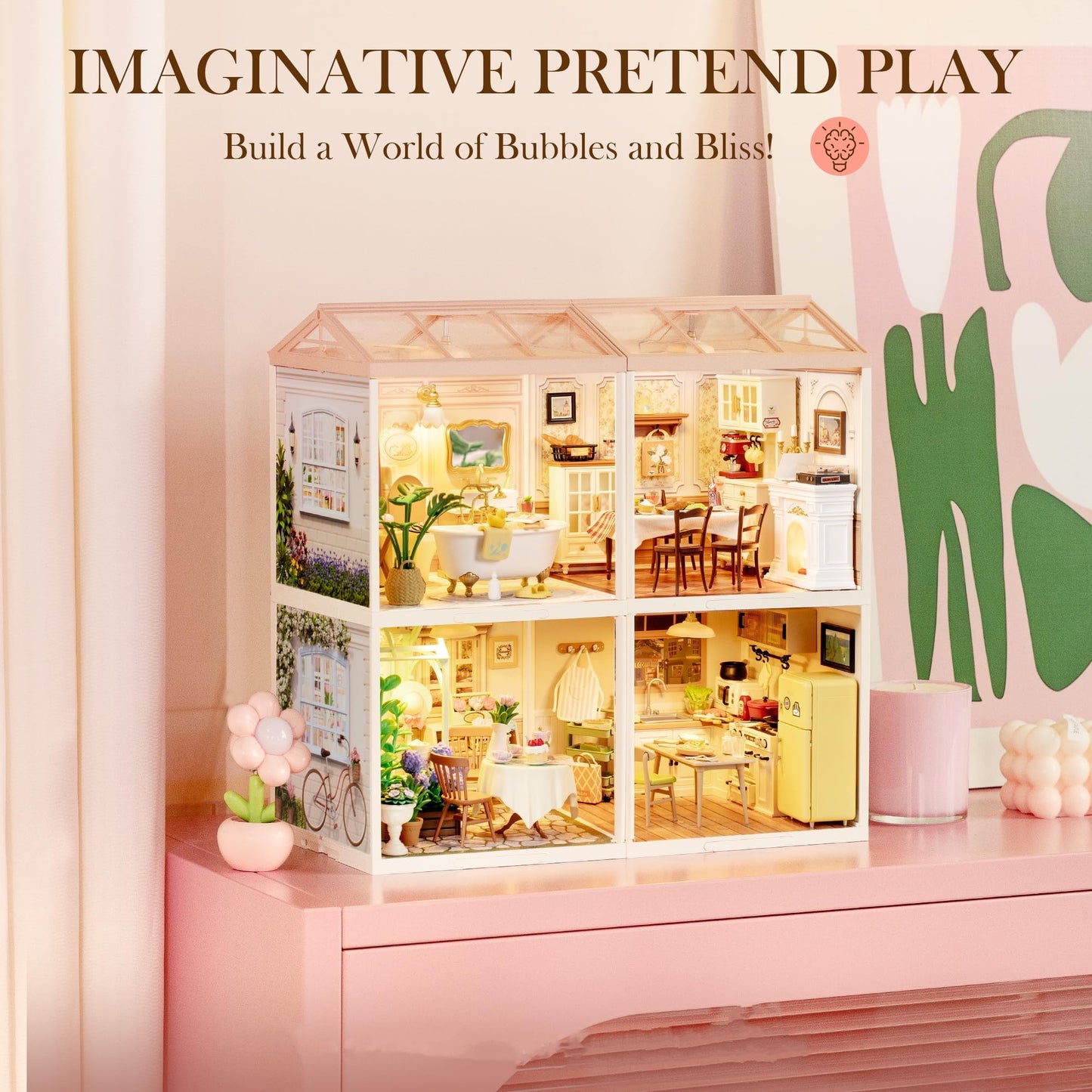 ROBOTIME Super Creator Toy Building Set DIY Miniature House Kit with LED Tiny Room Making Kit Expandable Plastic Craft Toy for Creative Play Home Decor Unique Hobby Gift (Pop Bubble Bathroom)
