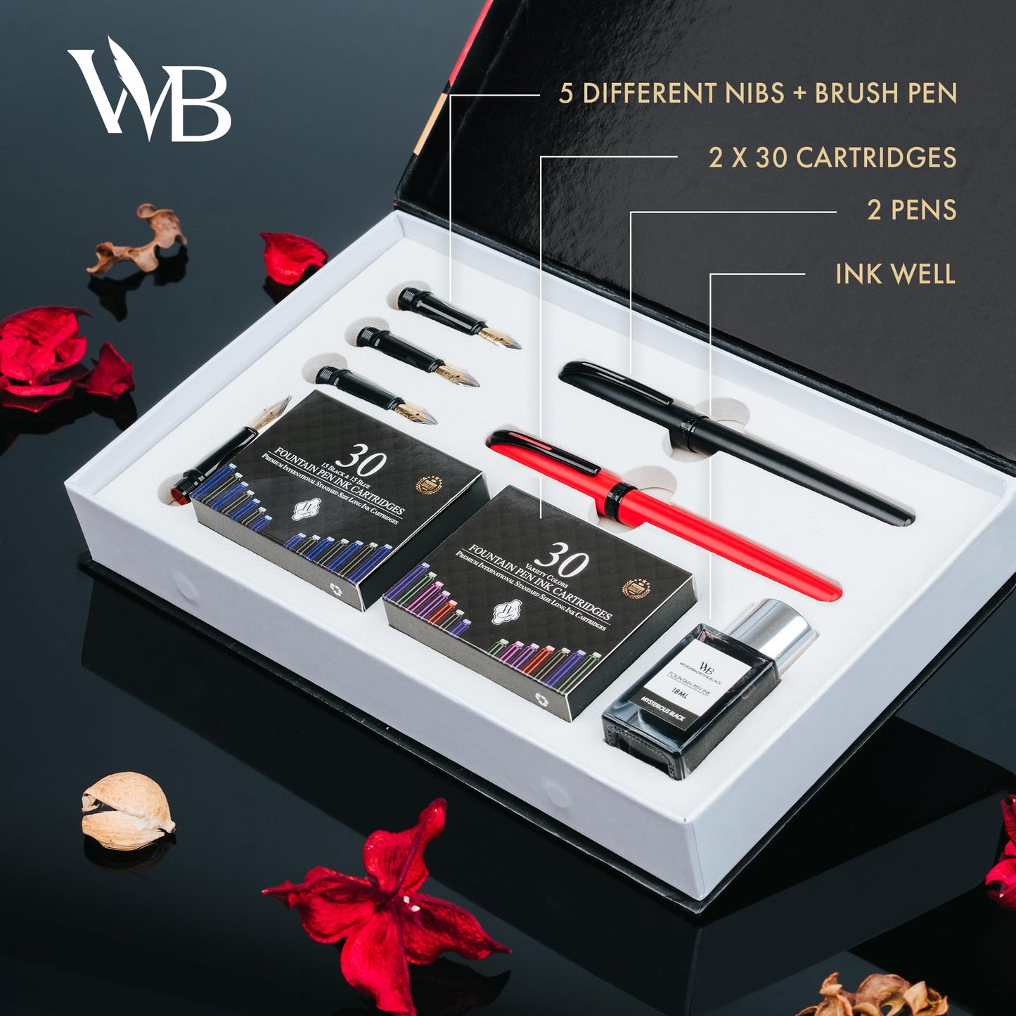 Wordsworth and Black Calligraphy Pen Set - Black - Includes 2 Calligraphy Pens, 18 ML Ink Bottle, 60 Ink Cartridges, A Refill Converter, 1 Medium and 4 Broad Nibs, Brush Pen