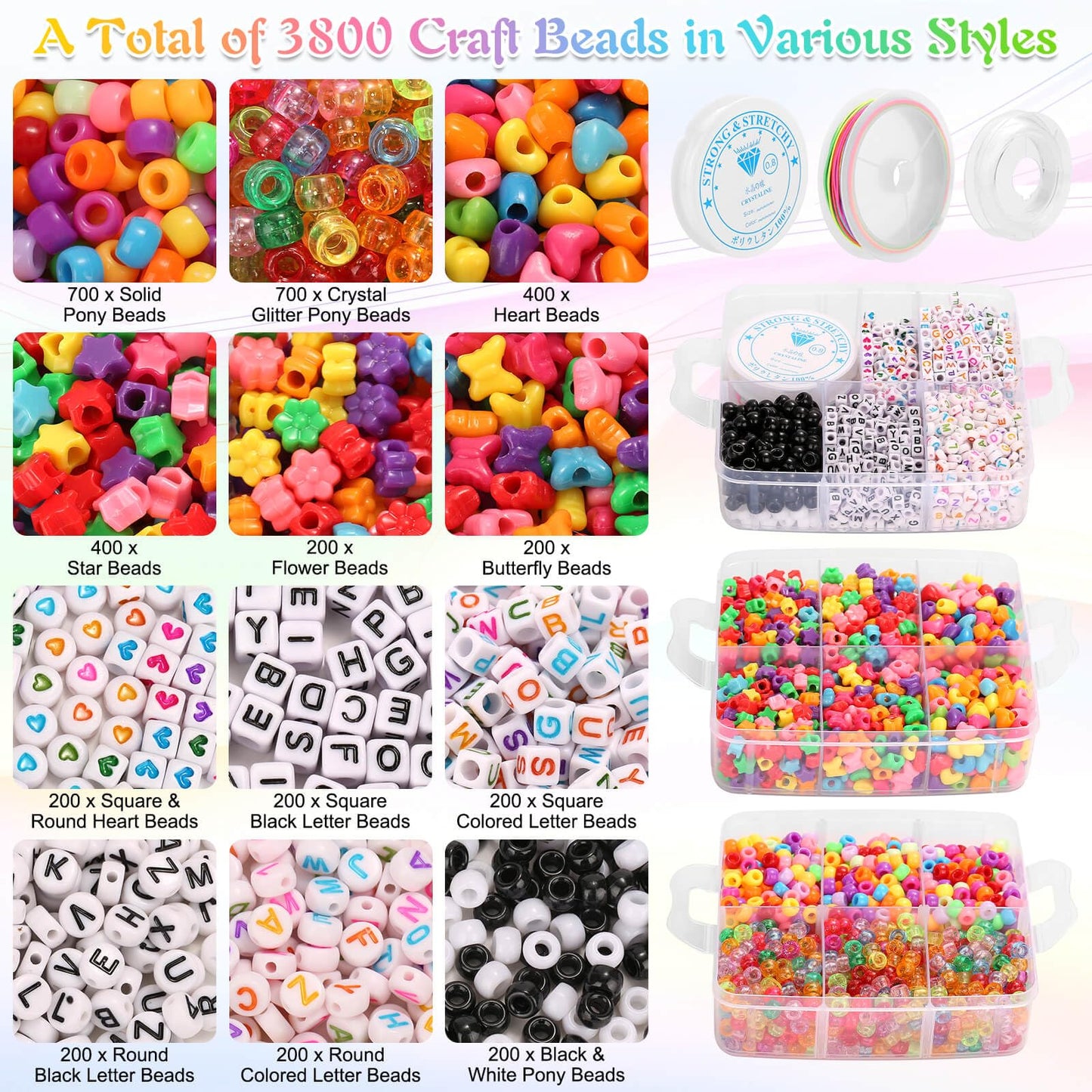 shynek 3800 Pony Beads: Bulk for Bracelets, Hair Braids & Craft - Colorful Plastic, Kandi, Star & Letter Beads for Jewelry Making